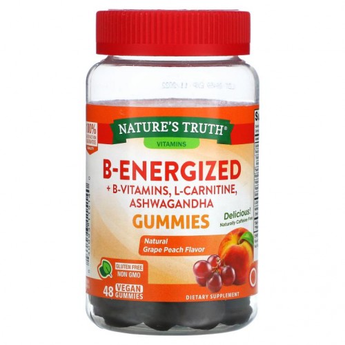 Nature's Truth, B-Energized + 비타민B군, l-카르니틴, 아슈와간다 구미젤리, 천연 포도 복숭아 맛, 비건 구미젤리 48개