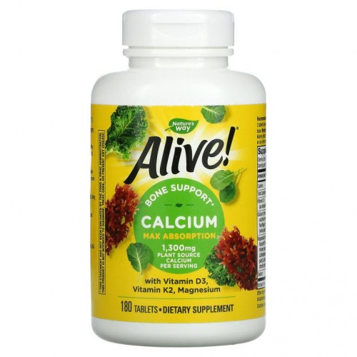 Nature's Way, Alive!, 비타민D3, 비타민K2, 마그네슘 함유 칼슘, 325mg, 180정