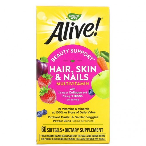 Nature's Way, Alive! 모발, 피부 및 손발톱 종합비타민, 딸기 맛, 소프트젤 60정