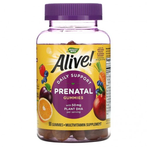Nature's Way, Alive! 프리네이탈, 식물성 DHA, 오렌지 & 라즈베리 레모네이드, 구미젤리 90개