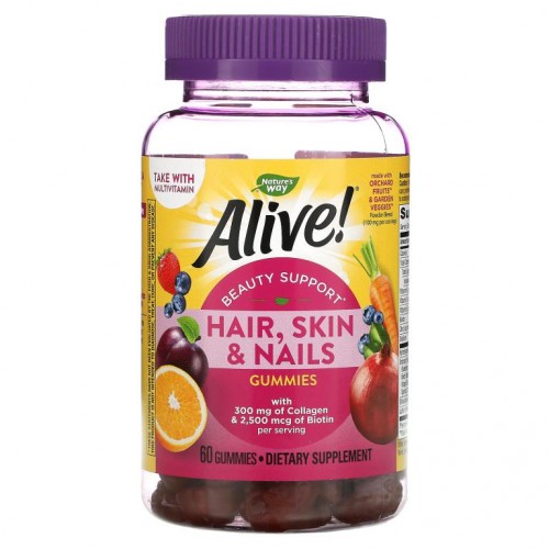 Nature's Way, Alive! 모발, 피부 및 손발톱을 위한 콜라겐 및 비오틴 함유, 딸기, 구미젤리 60개
