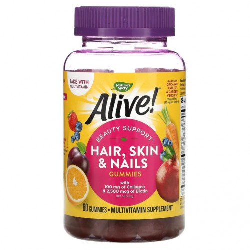 Nature's Way, Alive! 모발, 피부 및 손발톱을 위한 콜라겐 및 비오틴 함유, 딸기, 구미젤리 60개
