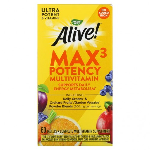 Nature's Way, Alive! Max3 고효능 종합비타민, 철분 무함유, 60정