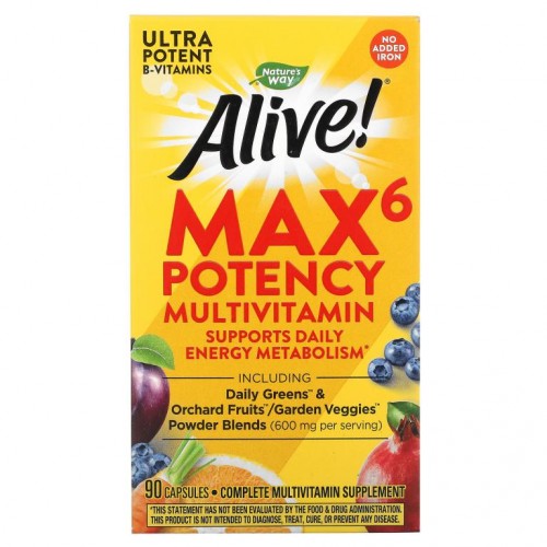 Nature's Way, Alive! Max6 Potency 종합비타민, 철분 무함유, 캡슐 90정