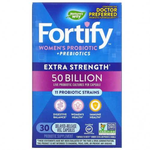 Nature's Way, Fortify 여성용 프로바이오틱 + 프리바이오틱스, 엑스트라 스트렝스, 500억, 지연 방출 베지 캡슐 30정