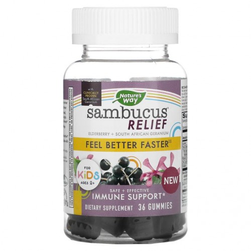 Nature's Way, Sambucus Relief, 면역력 강화, 2세 이상 어린이용, 엘더베리 + 남아프리카 제라늄, 구미젤리 36개