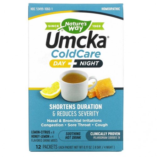 Nature's Way, Umcka, 콜드 케어, 주간 + 야간, 진정 작용을 하는 핫 드링크, 레몬-시트러스 맛, 꿀-레몬, 12팩, 팩당 0.17oz(주간용 8개 / 야간용 4개)