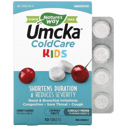 Nature's Way, Umcka, 콜드케어 키즈, 만 6세 이상, 체리 맛, 츄어블 10정