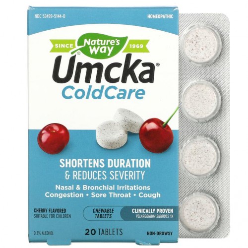 Nature's Way, Umcka, ColdCare, 체리, 츄어블 20정