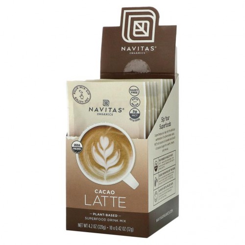 Navitas Organics, 라떼 슈퍼푸드 드링크 믹스, 카카오, 팩 10개입, 각 9g(0.31oz)