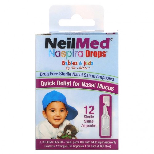 NeilMed, Naspira Drops, 유아 & 어린이, 멸균 식염수 앰플 12개입, 각 1ml(0.034fl oz)