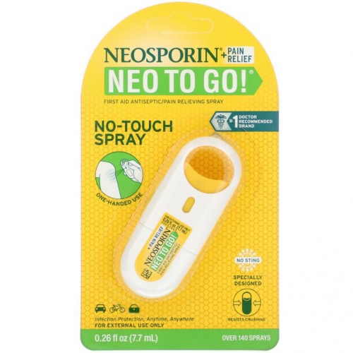 Neosporin, + 통증 완화, Neo To Go!, 응급 처치 소독제/통증 완화 스프레이, 0.26 fl oz (7.7 ml)