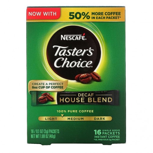 Nescafé, Taster's Choice, 인스턴트 커피, 하우스 블렌드, 라이트/미디엄 로스트, 디카페인, 16팩, 각 3g(0.1oz)