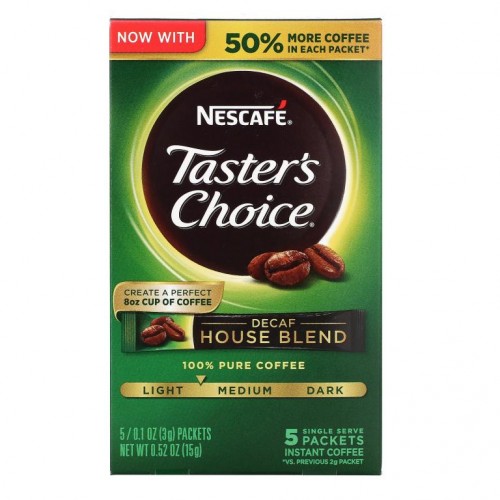 Nescafé, Taster's Choice, 인스턴트 커피, 하우스 블렌드, 라이트/미디엄 로스트, 디카페인, 5팩, 각 3g(0.1oz)