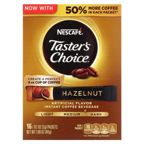 Nescafé, Taster's Choice, 인스턴트 커피 음료, 헤이즐넛, 미디엄/다크 로스트, 16팩, 각 3g(0.1oz)