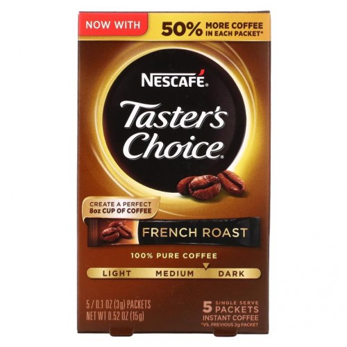 Nescafé, Taster's Choice, 인스턴트 커피, 프렌치 로스트, 개별 팩 5개, 각 3g(0.1oz)