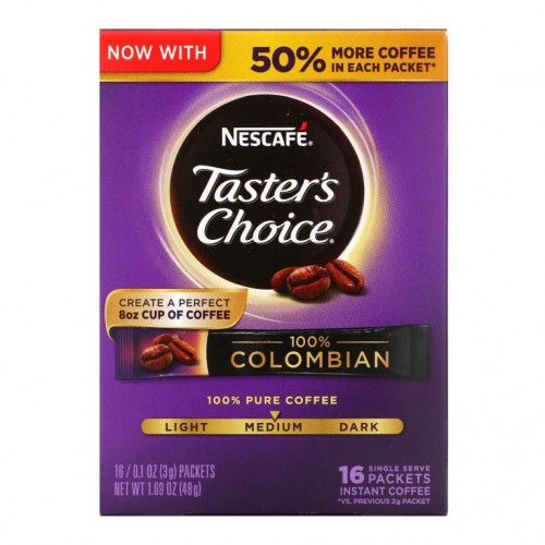 Nescafé, Taster's Choice, 인스턴트 커피, 100% 콜롬비아산, 미디엄 로스트, 16팩, 각 3g(0.1oz)
