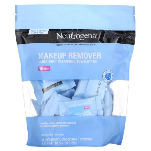 Neutrogena, 메이크업 리무버 클렌징 티슈, 개별 포장, 젖은 티슈 20매입