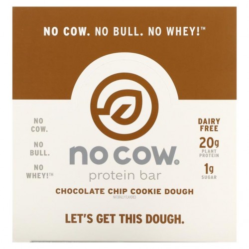 No Cow, 프로틴바, 초콜릿 칩 쿠키 도우, 바 12개, 개당 60g(2.12oz)