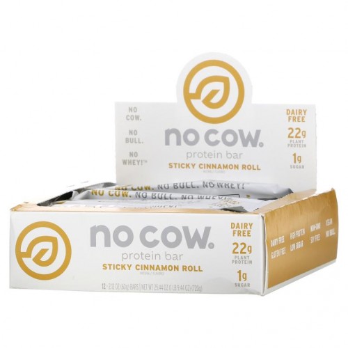 No Cow, Protein Bar, Sticky Cinnamon Roll, 12 Bars, 2.12 oz (60 g) Each