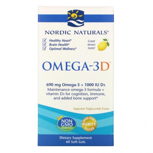 Nordic Naturals, 오메가-3D, 레몬, 1000 밀리그램, 60 소프트겔