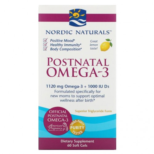 Nordic Naturals, 산후 오메가3, 레몬, 560 mg, 소프트젤 60정