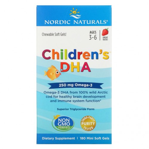 Nordic Naturals, Children's DHA, 만 3~6세용, 딸기, 250mg, 미니 소프트젤 180정