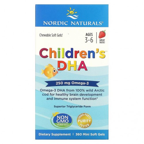 Nordic Naturals, Children's DHA, 만 3~6세, 딸기 맛, 250mg, 미니 소프트젤 360정