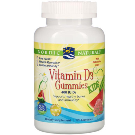 Nordic Naturals, 비타민D3 구미젤리 키즈, 와일드 워터멜론 스플래시, 400IU, 구미젤리 120개