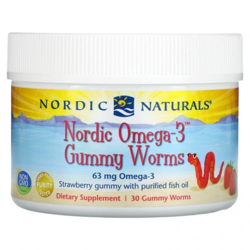 Nordic Naturals, Nordic Omega-3 꿈틀이 젤리, 딸기, 63mg, 구미젤리 30개