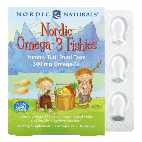 Nordic Naturals, Nordic Omega-3 Fishies, 만 2세 이상, 맛있는 과일 맛, 300mg, 젤리 36개입