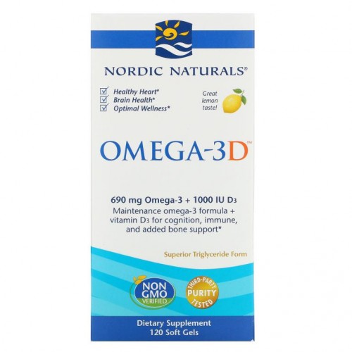 Nordic Naturals, Omega-3D, 레몬, 소프트젤 120정