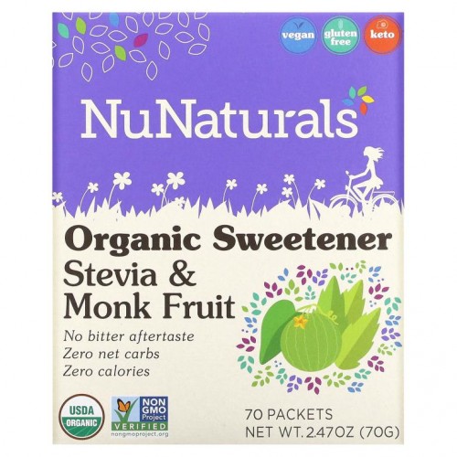 NuNaturals, 유기농 감미료, 스테비아 및 나한과, 70봉지, 70g(2.47oz)
