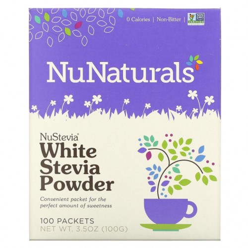NuNaturals, NuStevia, 백색 스테비아 분말, 100 봉지, 3.5 oz(100 g)