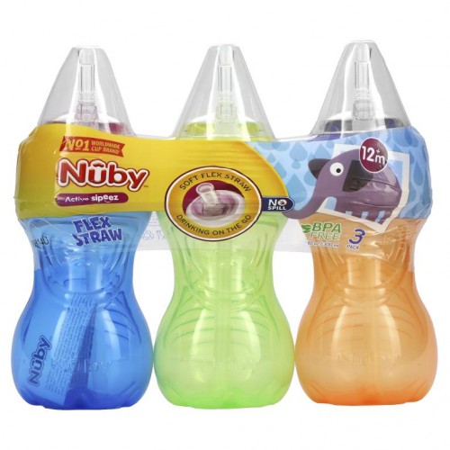 Nuby, No Spill Flexi Straw Gripper Cup, Netural, 3 Pack