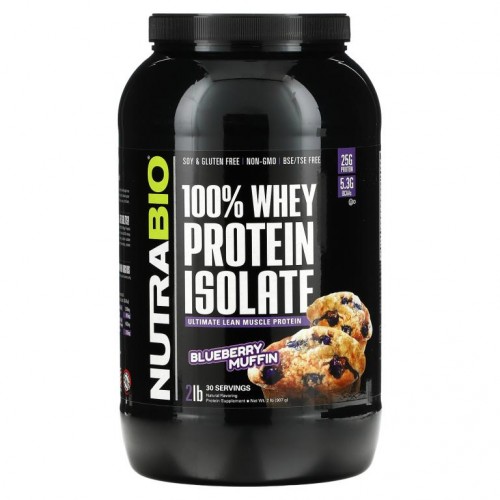 NutraBio Labs, 100% 분리 유청 단백질, 블루베리 머핀, 2 lb (907 g)