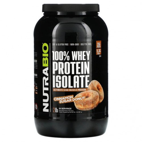 NutraBio Labs, 100% 분리유청단백질, 시나몬 슈가 도넛, 907g(2lbs)