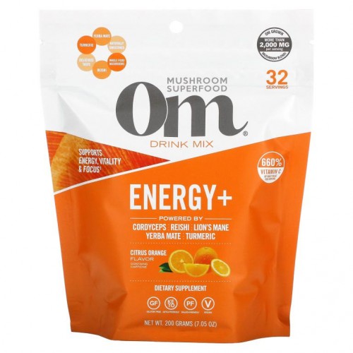 Om Mushrooms, 에너지+ 드링크 믹스, 오렌지, 200g(7.05oz)