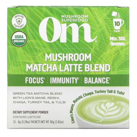 Om Mushrooms, 버섯 말차 라떼 혼합물, 10팩, 개당 8g(0.28oz)