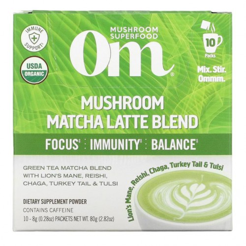 Om Mushrooms, 버섯 말차 라떼 혼합물, 10팩, 개당 8g(0.28oz)