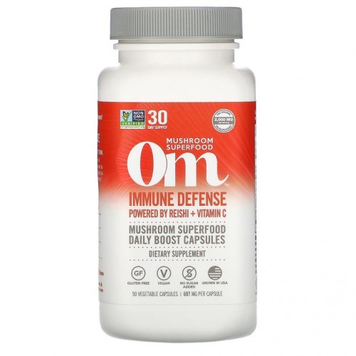 Om Mushrooms, 면역력 강화 보충제, 영지버섯 및 비타민C 함유, 697mg, 베지 캡슐 90정