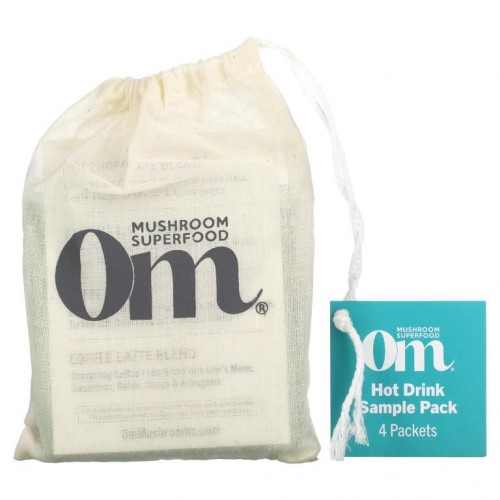 Om Mushrooms, Hot Drink Sample Pack, Hot Chocolate, Matcha Latte, Coffee, Coffee Latte Blend, 4 Packets