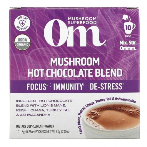 Om Mushrooms, 버섯 함유 핫 초콜릿 블렌드, 10팩, 개당 8g(0.28oz)