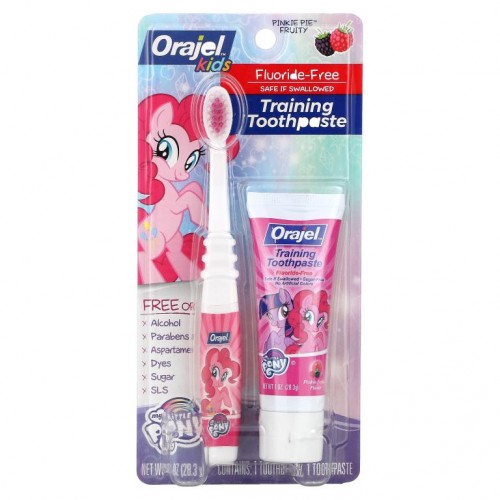 Orajel, 어린이용, My Little Pony 양치 훈련용 치약 칫솔 동봉, 불소 무함유, 핑키 프루티, 2종 세트