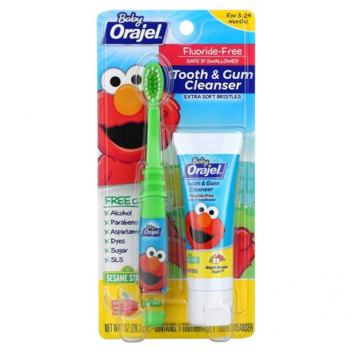 Orajel, 엘모 치아 & 검 클렌저, 불소 무함유, 만 3~24개월, 브라이트 바나나 사과, 28.3g(1oz)