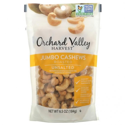 Orchard Valley Harvest, Jumbo Cashews, Roasted, Unsalted, 6.5 oz (184 g)