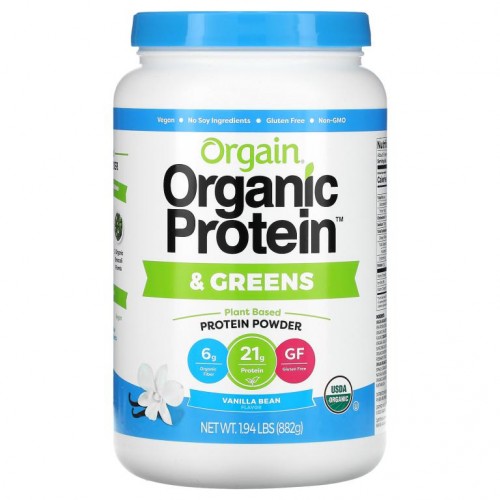 Orgain, Organic Protein 및 그린스 프로틴 파우더, 식물성, 바닐라 빈, 882g(1.94lbs)