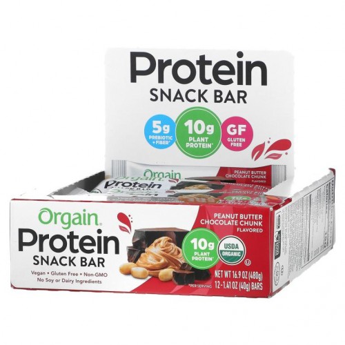 Orgain, 유기농 식물 기반 단백질 바, 땅콩버터 초콜릿 청크, 12 개입, 각 1.41 oz (40 g)