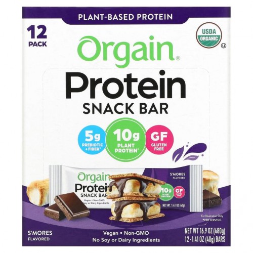 Orgain, 유기농 식물 기반 단백질 바, 스모어, 12 개입, 각 1.41 oz (40 g)