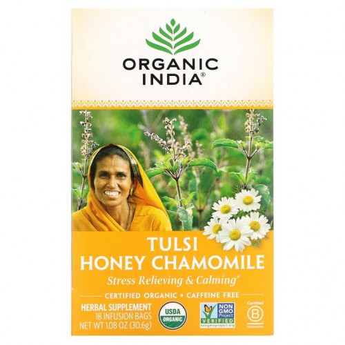 Organic India, 툴시 차, 허니 캐모마일, 카페인 무함유, 티백 18개, 30.6g(1.08oz)